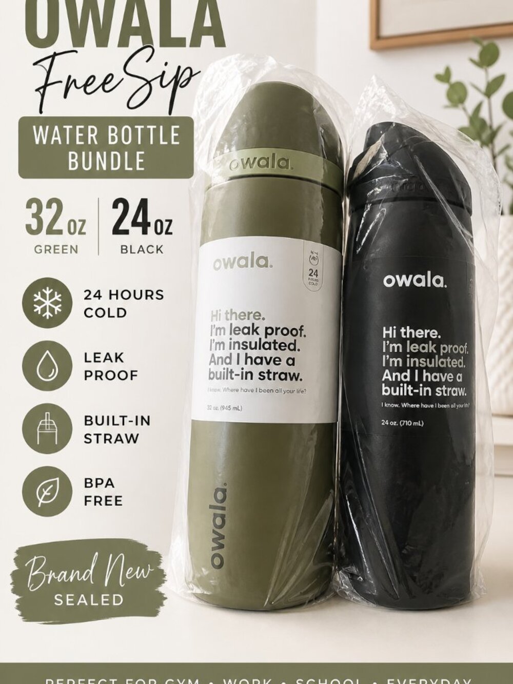 Owala FreeSip Water Bottle Bundle 32oz 24oz NEW Insulated Leak Proof